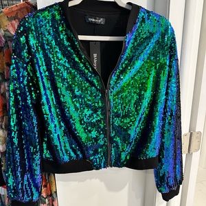 Sequin light weight jacket, green & blue, size small